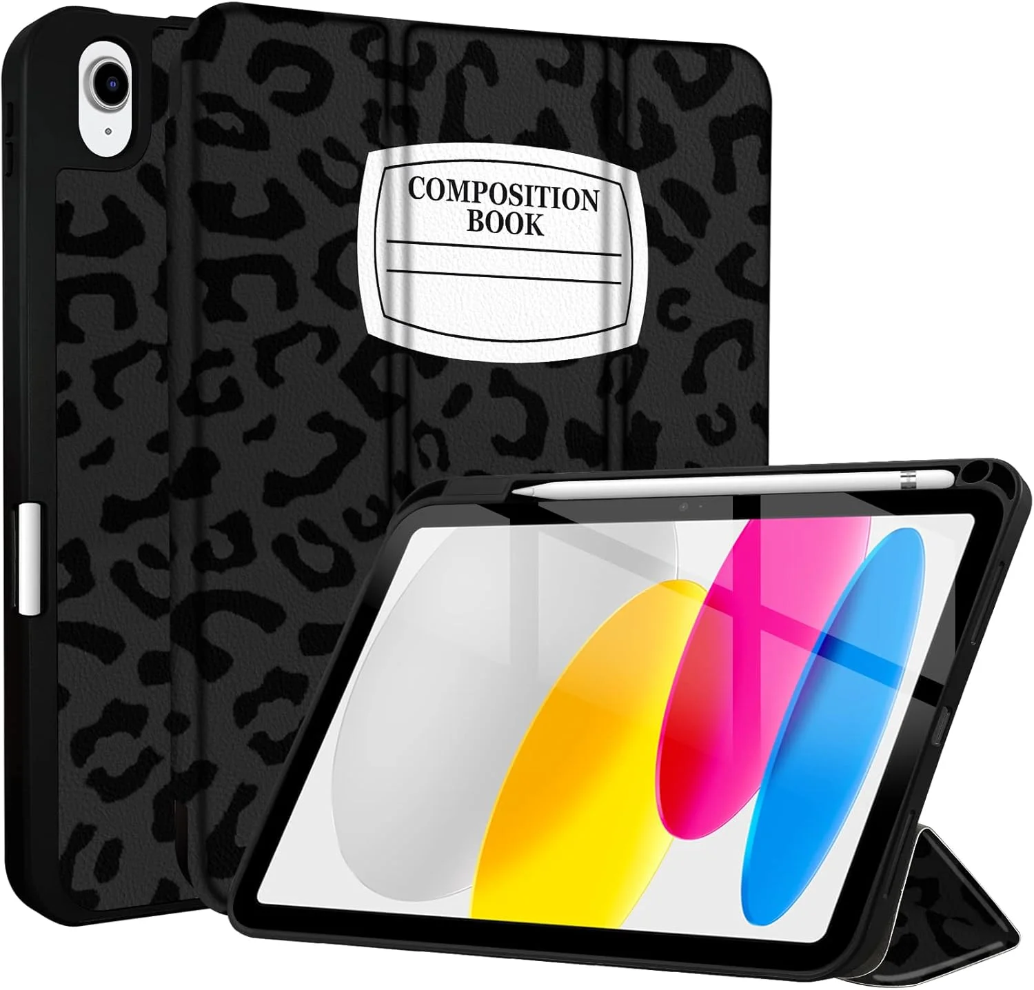 کاور تبلت آیپد نسل 10 اپل 10.9 اینچ 2022 مدل A2757 A2777، فریم TPU ضد ضربه [دارای جای قلم، پشتیبانی از حالت خواب/بیدار خودکار] پلنگی مشکی