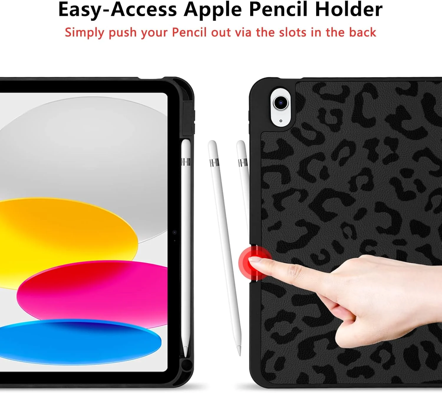 کاور تبلت آیپد نسل 10 اپل 10.9 اینچ 2022 مدل A2757 A2777، فریم TPU ضد ضربه [دارای جای قلم، پشتیبانی از حالت خواب/بیدار خودکار] پلنگی مشکی