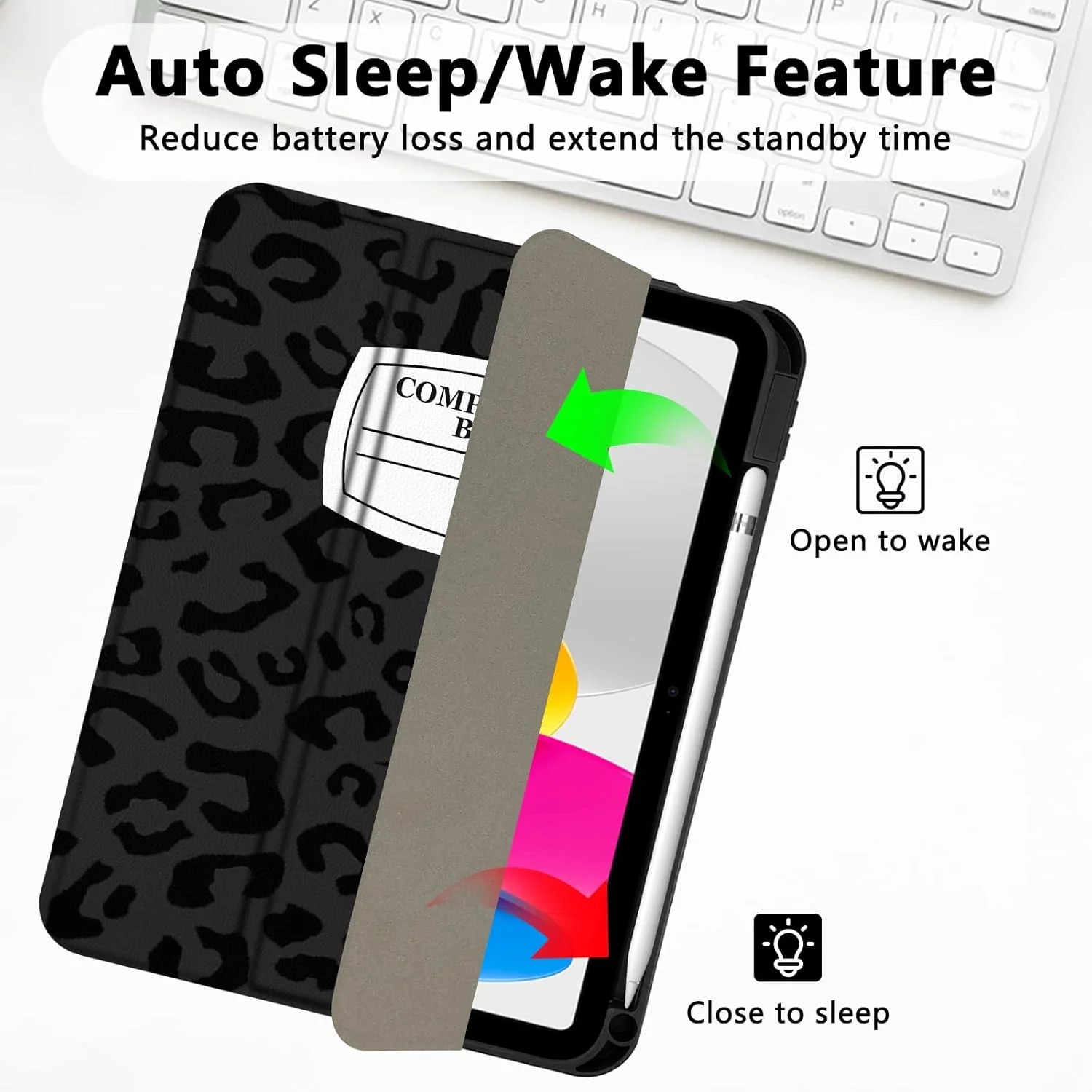 کاور تبلت آیپد نسل 10 اپل 10.9 اینچ 2022 مدل A2757 A2777، فریم TPU ضد ضربه [دارای جای قلم، پشتیبانی از حالت خواب/بیدار خودکار] پلنگی مشکی