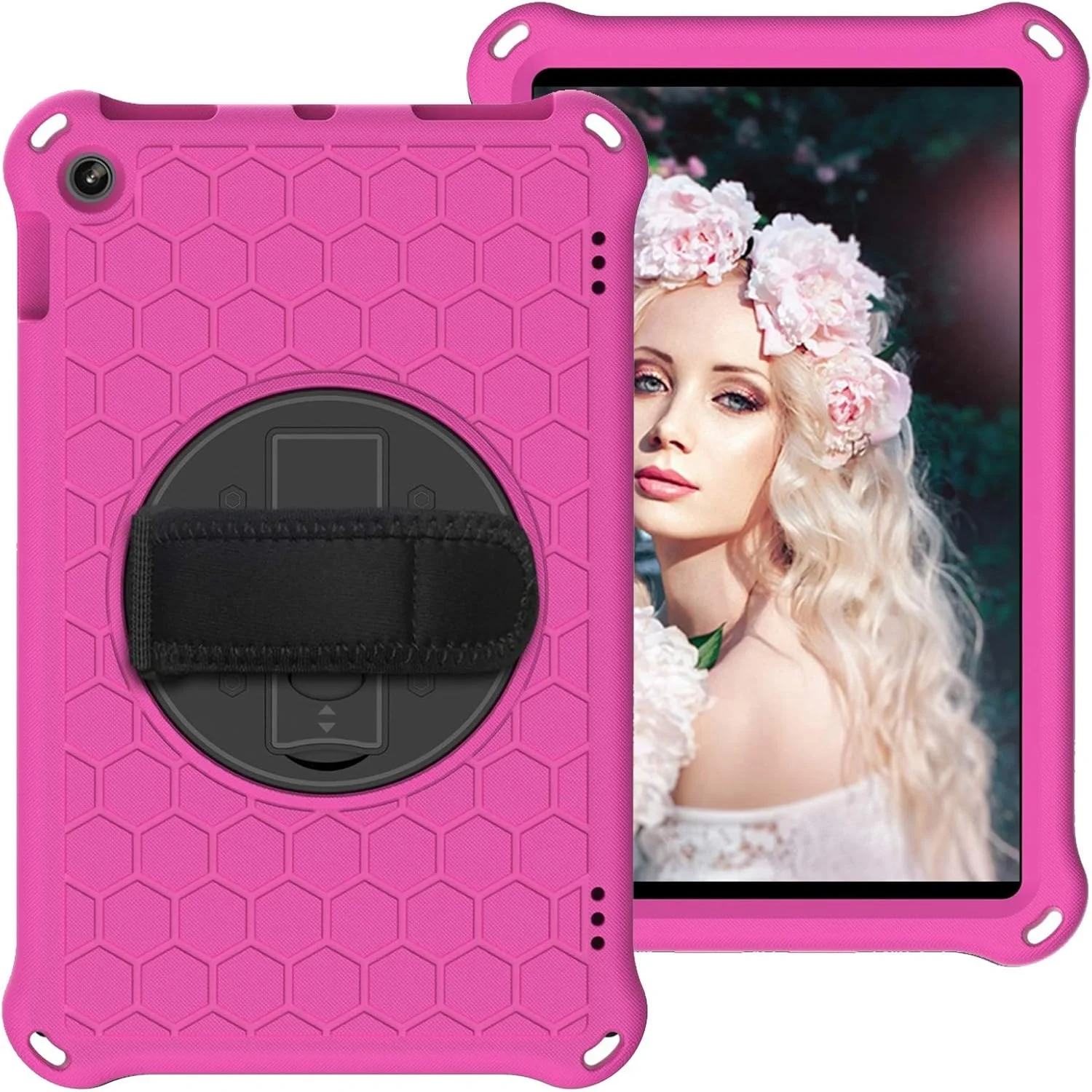 محافظ تبلت برای تبلت کیندل فایر HD 10 اینچ، مناسب برای تبلت فایر HD 10 اینچ 2017 2018 2019، با پایه چرخشی، مقاوم در برابر ضربه، دارای دسته چرخشی و بند