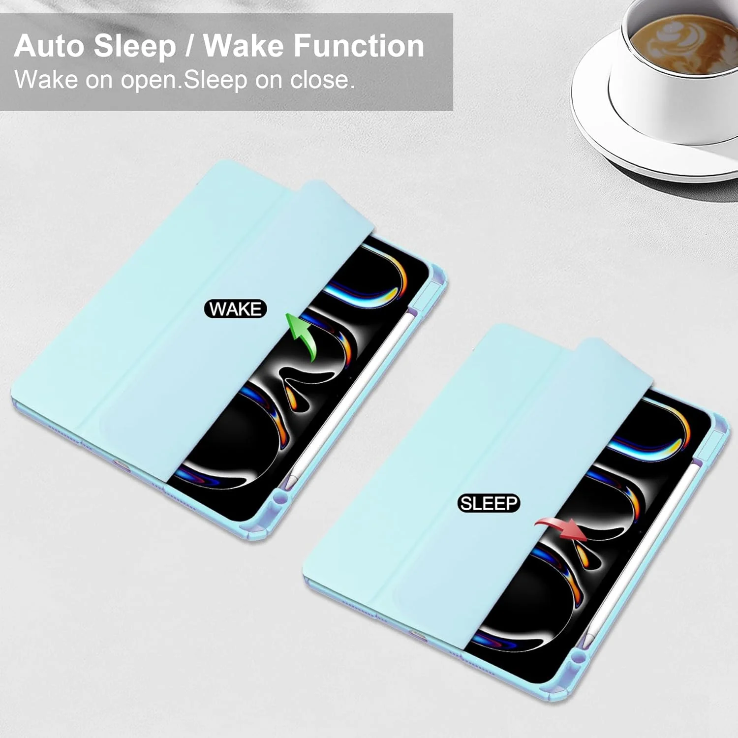 کاور تبلت باریک سازگار با آیپد پرو 11 (2024) با پشت شفاف و فریم ضد ضربه TPU، پشتیبانی از حالت خواب/بیدار خودکار، دارای جای قلم تبلت (آبی آسمانی)