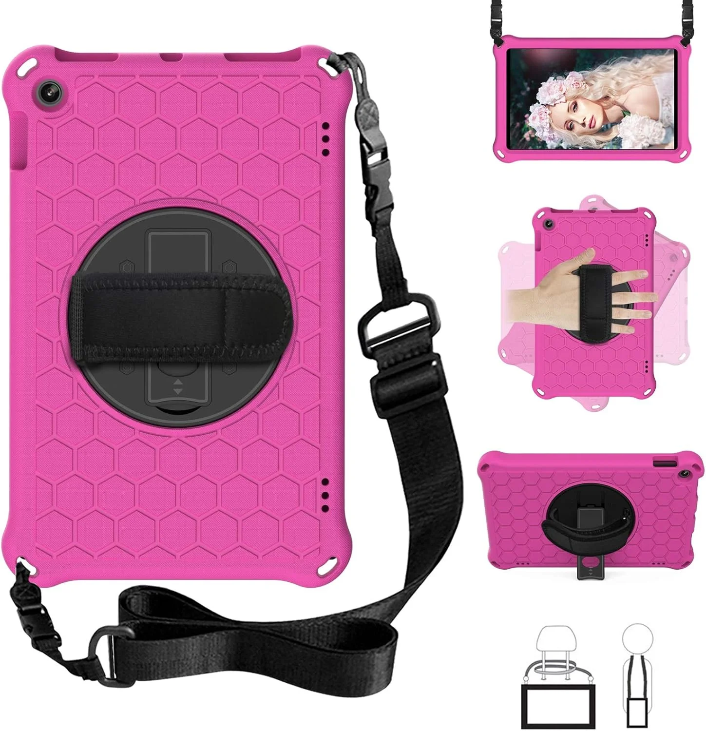 محافظ تبلت برای تبلت کیندل فایر HD 10 اینچ، مناسب برای تبلت فایر HD 10 اینچ 2017 2018 2019، با پایه چرخشی، مقاوم در برابر ضربه، دارای دسته چرخشی و بند