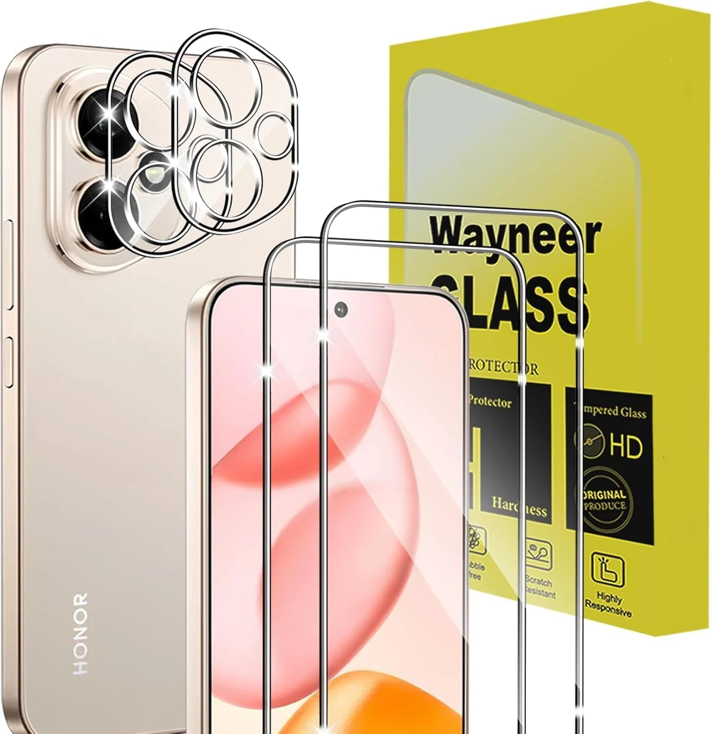 محافظ صفحه نمایش برای آنر 400 پرو: بسته 2 عددی شیشه حرارت دیده با سختی 9H به همراه بسته 2 عددی محافظ لنز دوربین - ضد خش، بدون حباب، پوشش کامل برای نمایش HD (شفاف، آنر 400 پرو)