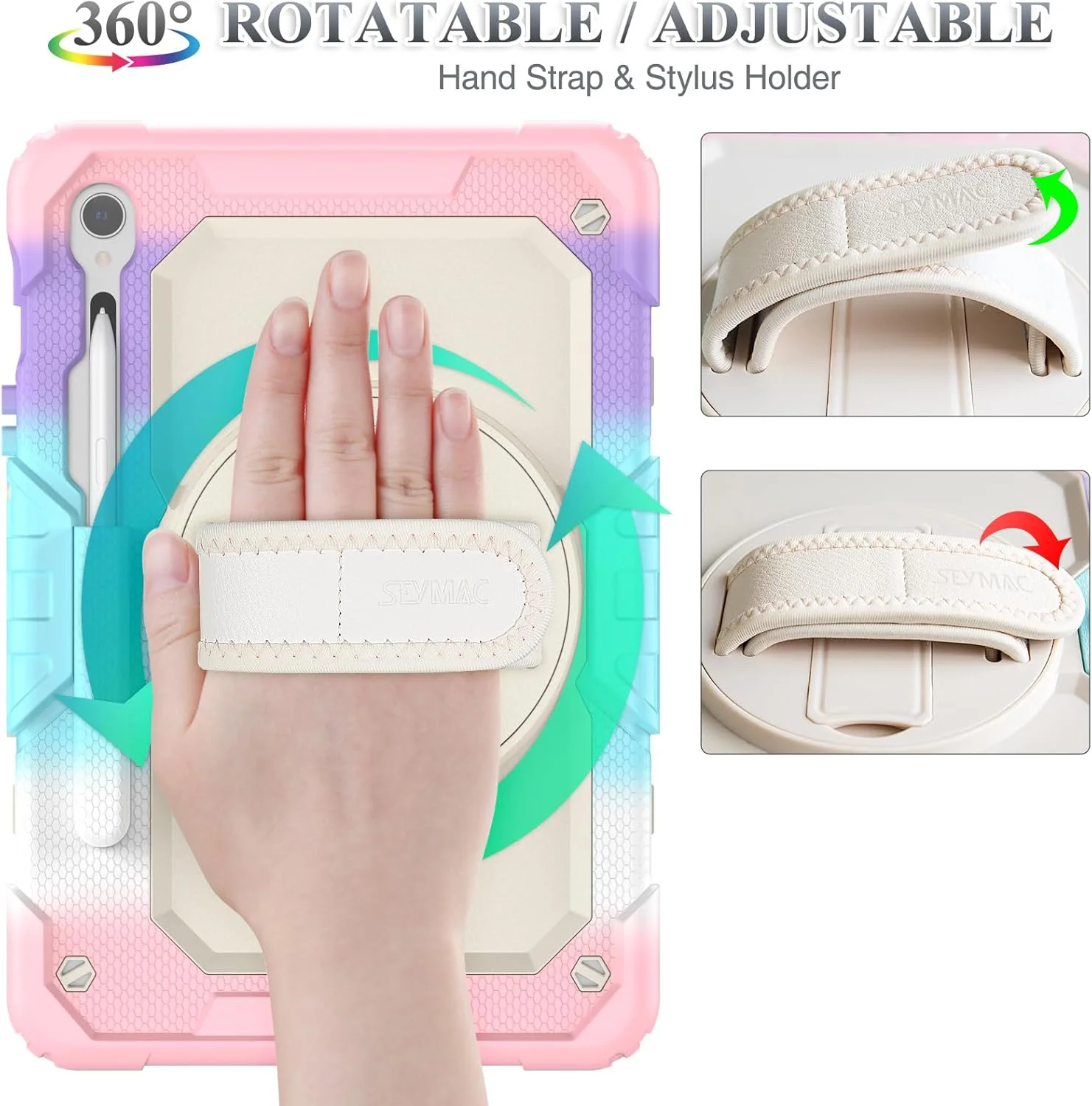 کیف محافظ تبلت SEYMAC stock مناسب برای Samsung Galaxy Tab S10 Lite / S10 FE / S9 FE 5G / S9 سایز 10.9 و 11 اینچ، محافظ صفحه نمایش، جای قلم، استند چرخان 360 درجه، بند دستی و بند شانه، رنگ بژ + صورتی