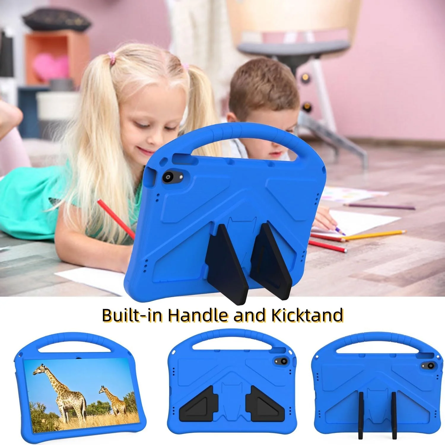 کیف تبلت کودکانه سازگار با لنوو TAB P11 (TB-J606F)، کاور ضد ضربه با پایه دسته دار برای P11 Plus (TB-J616F/J607F) 11 اینچ آبی