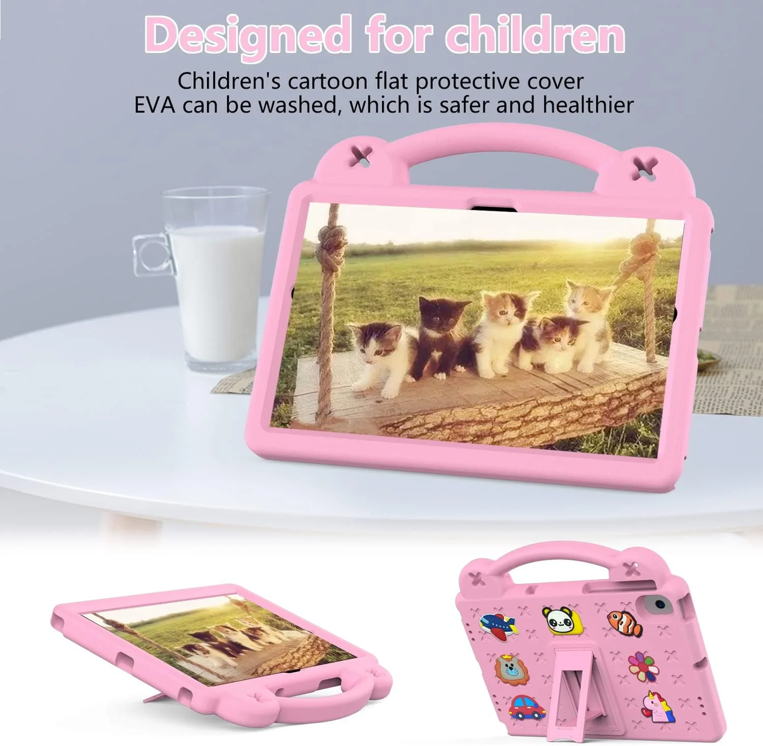 کیف تبلت کودکانه Sfulatdc با پایه و دسته داخلی، پوشش ضد ضربه و زیبا، سازگار با Samsung Galaxy A8 و Lenovo M10 Plus نسل 3، 10.6 اینچ - صورتی