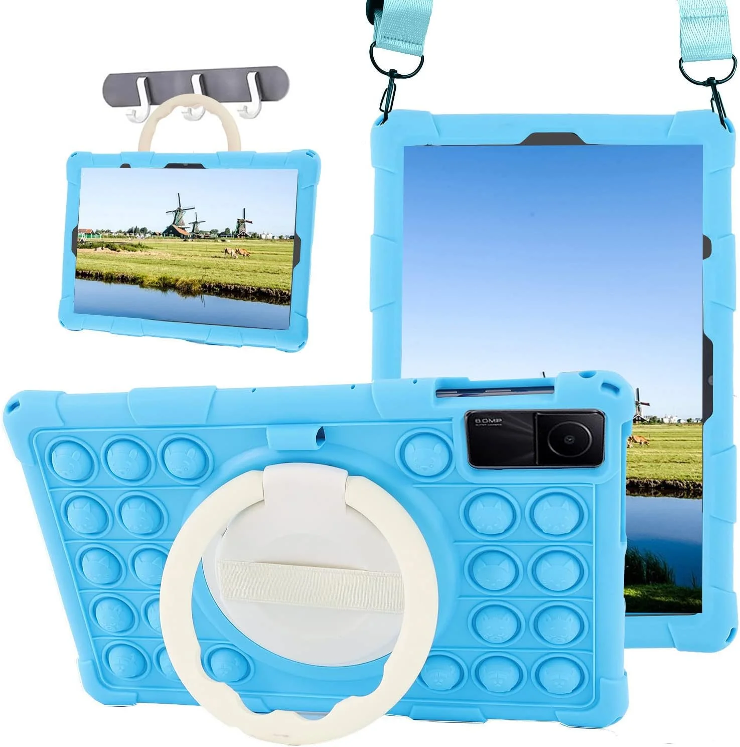 کاور سیلیکونی تبلت با استند چرخشی 360 درجه و بند شانه، طرح زیبا، سازگار با نوکیا T20 و لنوو تب M10 پلاس (نسل 3) 10.6 اینچ - آبی
