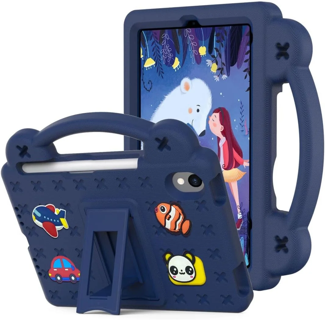 کیف کودکانه برای آیپد مینی 7 (A17 Pro) 2024 / مینی 6 2021 8.3 اینچ، کاور مقاوم در برابر ضربه EVA با دسته، مناسب کودکان، با پایه تاشو و عروسک کارتونی جداشدنی برای آیپد مینی نسل 7/6 - آبی تیره
