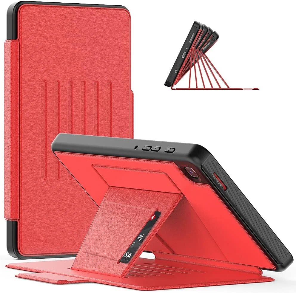 کیف تبلت هوشمند مناسب برای تبلت سامسونگ گلکسی تب A7 Lite 8.7 اینچ مدل T220/T225، کیف محافظ ممتاز ضد ضربه، زاویه دید چندگانه مغناطیسی با قاب صفحه نمایش + جای کارت - قرمز