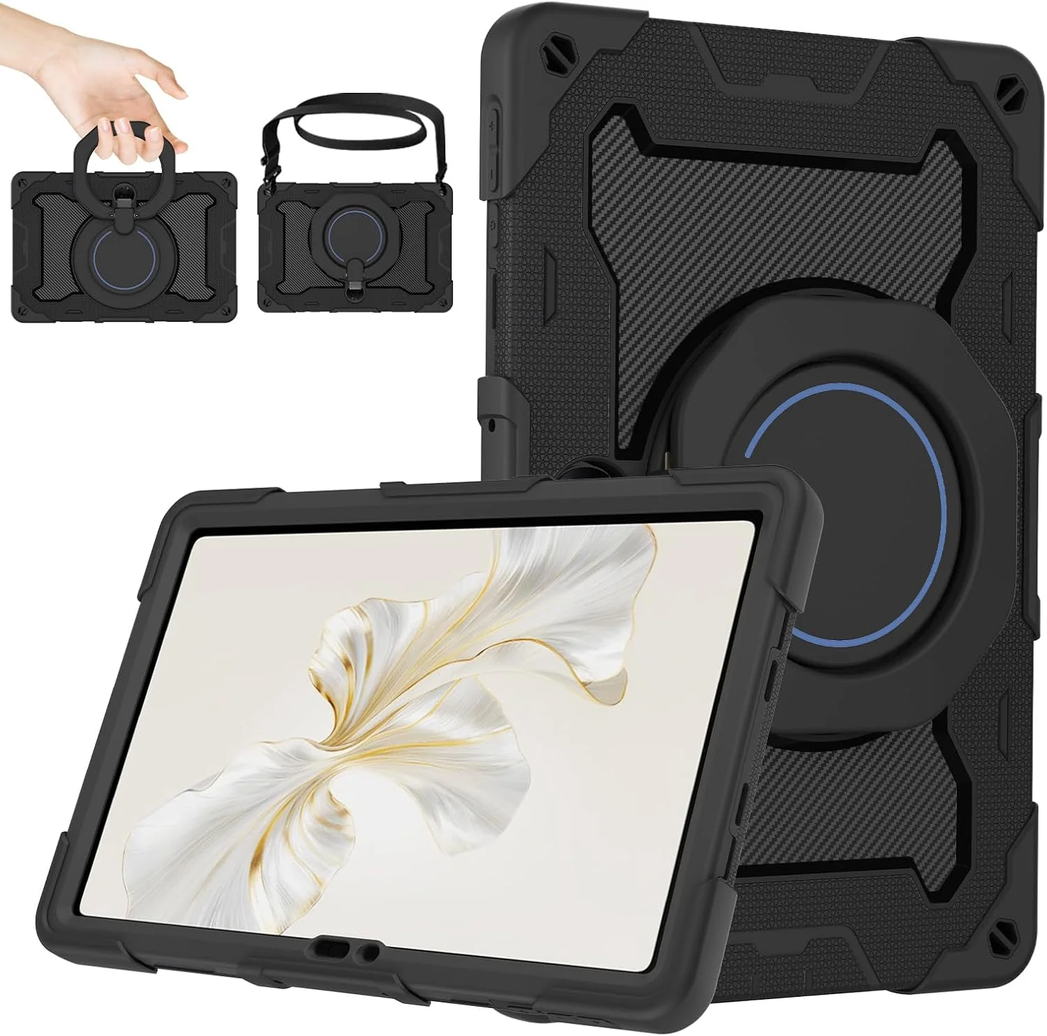 کیف محافظ تبلت آنر پد 9 اینچ 12.1 مدل 2024، مقاوم در برابر ضربه، به همراه محافظ صفحه نمایش، استند چرخشی، جای قلم و بند شانه، رنگ مشکی