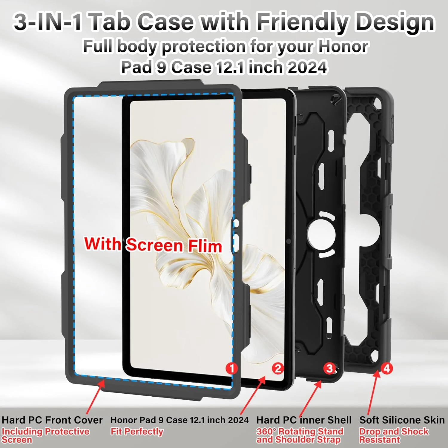 کیف محافظ تبلت آنر پد 9 اینچ 12.1 مدل 2024، مقاوم در برابر ضربه، به همراه محافظ صفحه نمایش، استند چرخشی، جای قلم و بند شانه، رنگ مشکی