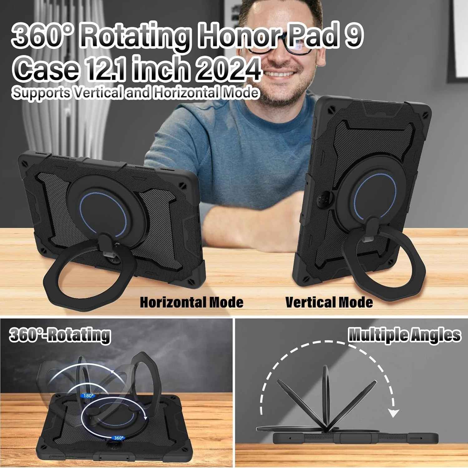 کیف محافظ تبلت آنر پد 9 اینچ 12.1 مدل 2024، مقاوم در برابر ضربه، به همراه محافظ صفحه نمایش، استند چرخشی، جای قلم و بند شانه، رنگ مشکی