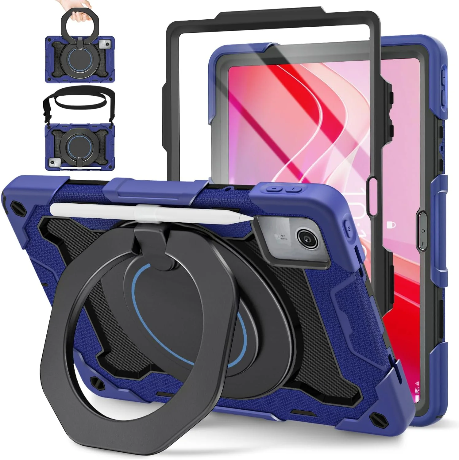 کاور محافظ تبلت لنوو تب M11 سایز 11 اینچ 2024 به همراه محافظ صفحه نمایش HD، استند چرخان 360 درجه، بند شانه، کاور ضد ضربه مناسب کودکان به همراه جای قلم، آبی تیره