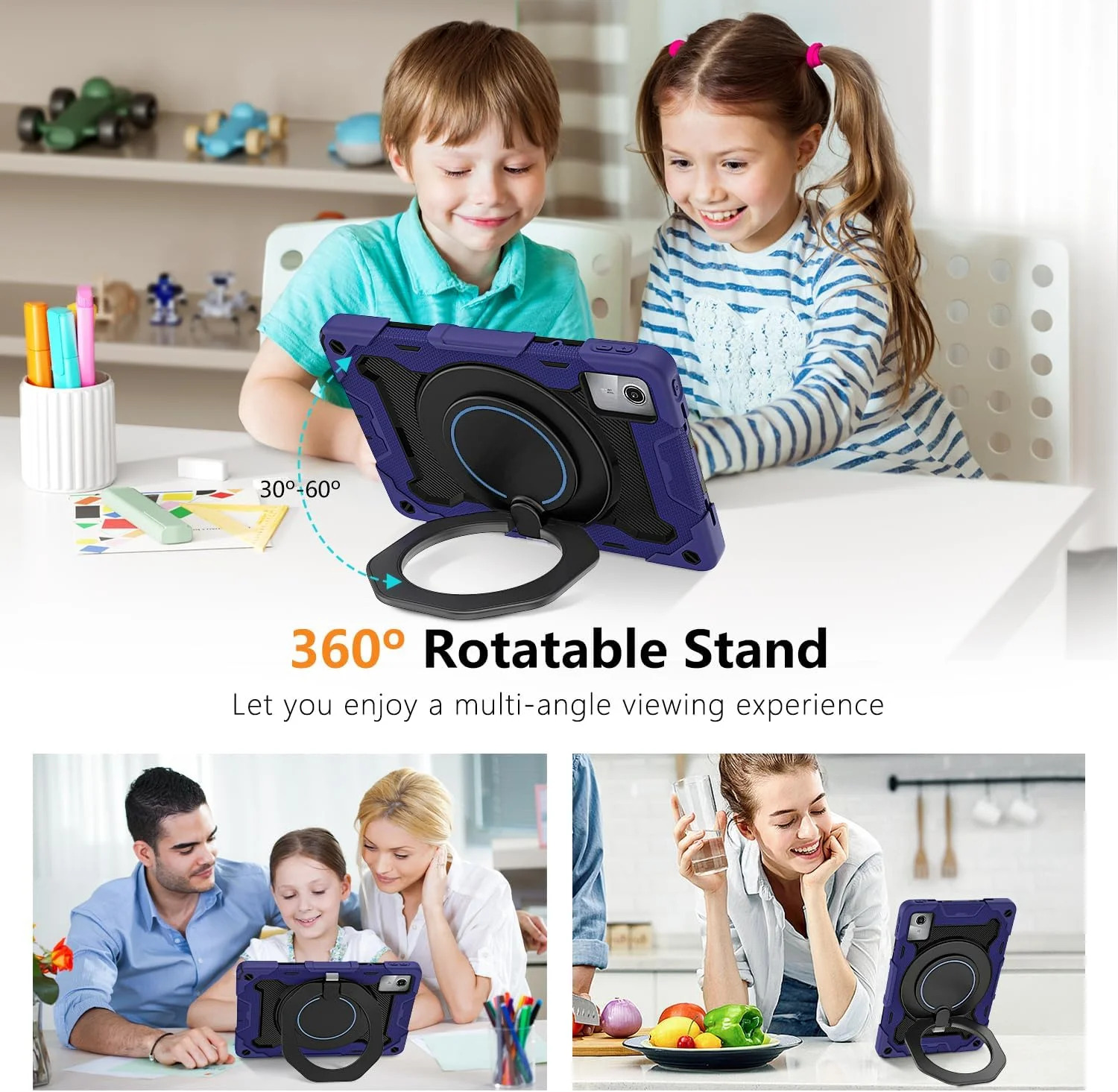 کاور محافظ تبلت لنوو تب M11 سایز 11 اینچ 2024 به همراه محافظ صفحه نمایش HD، استند چرخان 360 درجه، بند شانه، کاور ضد ضربه مناسب کودکان به همراه جای قلم، آبی تیره