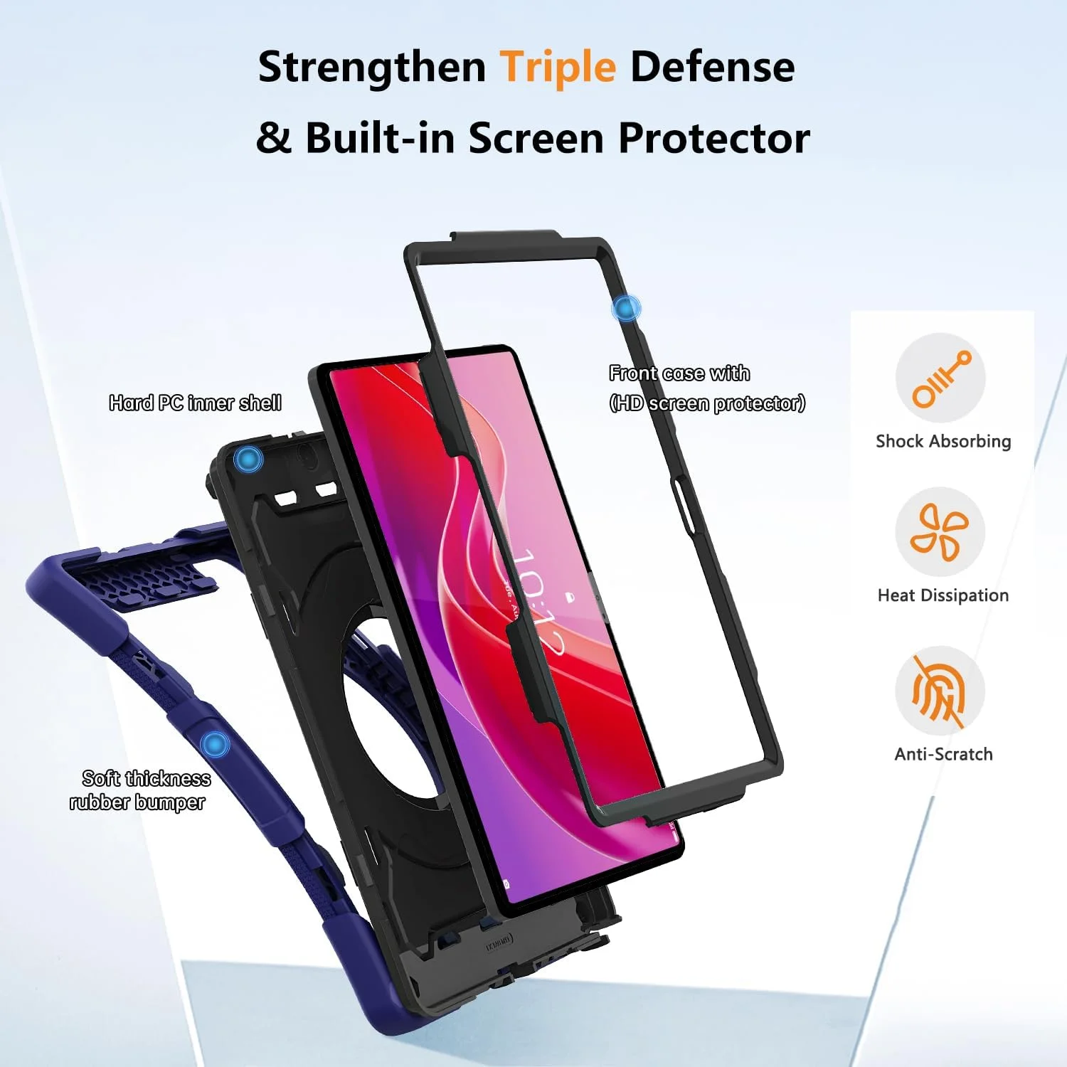 کاور محافظ تبلت لنوو تب M11 سایز 11 اینچ 2024 به همراه محافظ صفحه نمایش HD، استند چرخان 360 درجه، بند شانه، کاور ضد ضربه مناسب کودکان به همراه جای قلم، آبی تیره