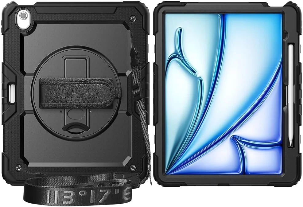 محافظ تبلت سازگار با آیپد ایر ۱۳ اینچ M2 2024 به همراه محافظ صفحه نمایش، دارای پایه، بند شانه، ضد ضربه و مقاوم با بند مچی چرخان ۳۶۰ درجه و بند قاب