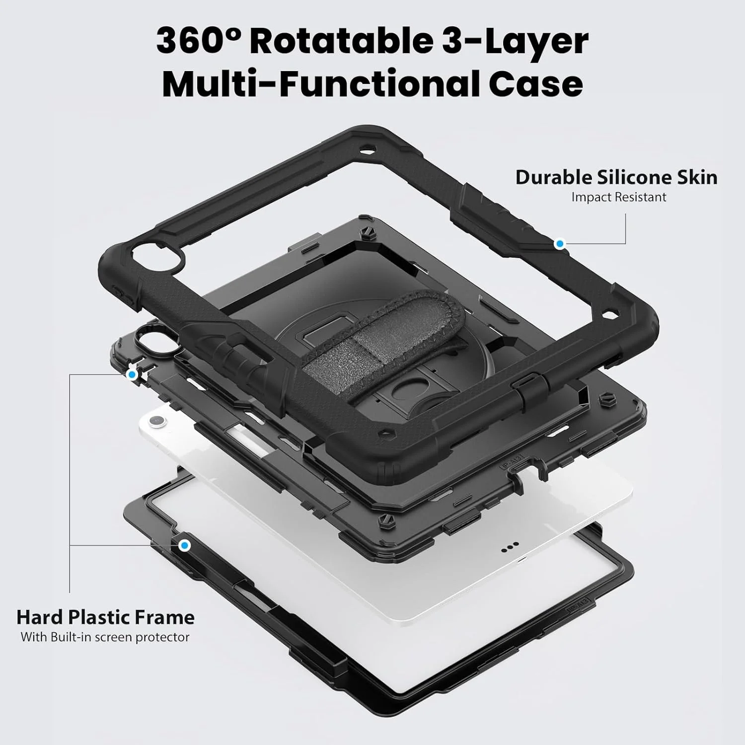 محافظ تبلت سازگار با آیپد ایر ۱۳ اینچ M2 2024 به همراه محافظ صفحه نمایش، دارای پایه، بند شانه، ضد ضربه و مقاوم با بند مچی چرخان ۳۶۰ درجه و بند قاب