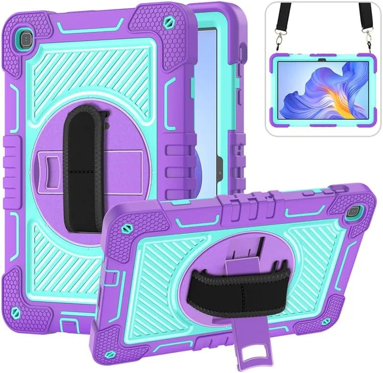 کیف تبلت نیکاکیو برای آنر پد X8 با صفحه نمایش 10.1 اینچی، کیف مقاوم و بادوام، سه لایه ضد ضربه، پایه چرخان 360 درجه، همراه با بند دستی و شانه، بنفش نعنایی