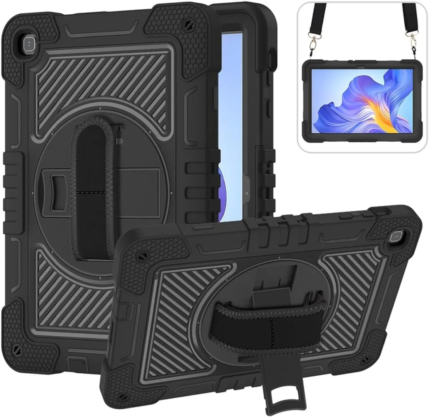 کاور تبلت Nikaque برای آنر پد X8 10.1 اینچی، کاور مقاوم و سنگین، سه لایه ضد ضربه، پایه چرخان 360 درجه، همراه با بند دستی و شانه ای، مشکی کامل