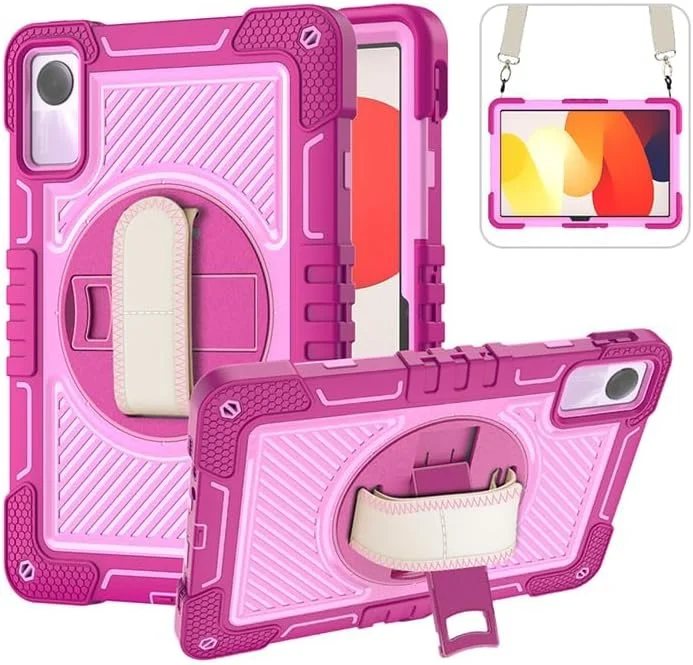 کیف تبلت Nikaque برای شیائومی Redmi Pad SE 11 اینچی (2023)، کیف مقاوم و بادوام، سه لایه ضد ضربه، پایه چرخش 360 درجه، با بند دستی و بند شانه، رز