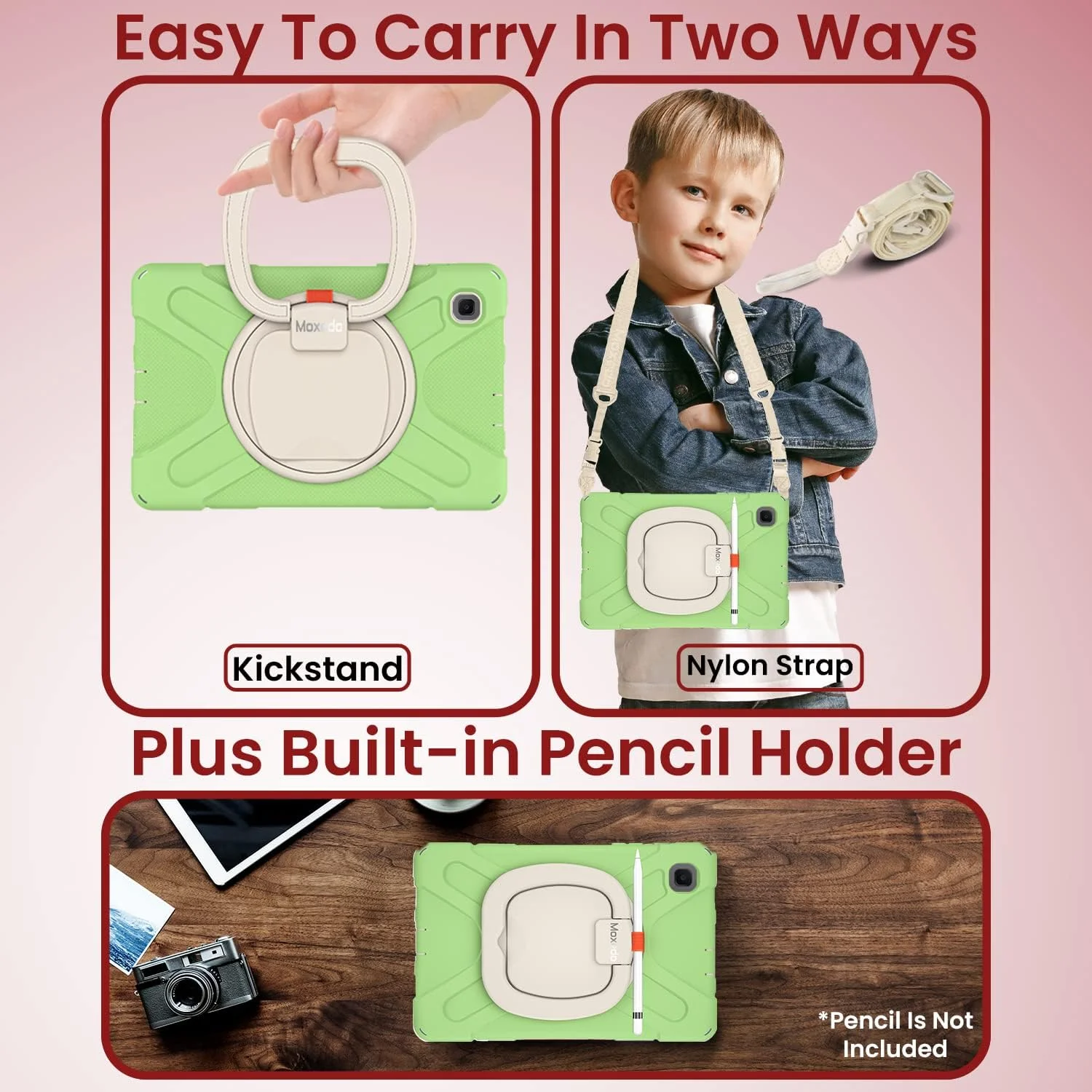 کیف محافظتی مقاوم و ضد ضربه Moxedo با پایه چرخان 360 درجه و بند شانه ای مناسب کودکان، سازگار با تبلت سامسونگ گلکسی تب S6 لایت 10.4 اینچ P610/P615 (سبز ماتچا)
