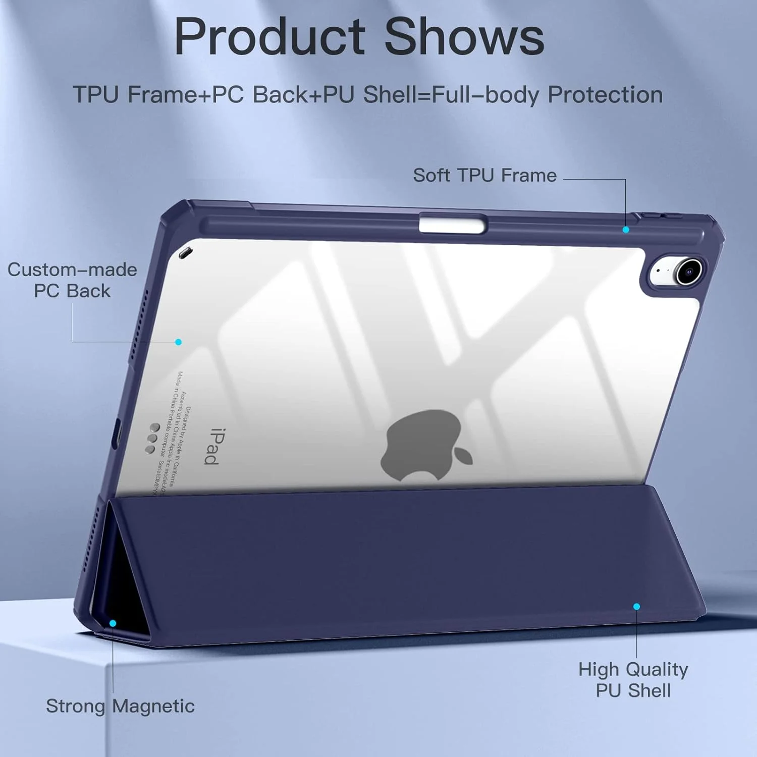 کاور محافظ آیپد ایر نسل 5 سال 2022 / آیپد ایر نسل 4 سال 2020 سایز 10.9 اینچ، دارای جای قلم، کاور محافظ باریک با پشت شفاف، سرمه ای