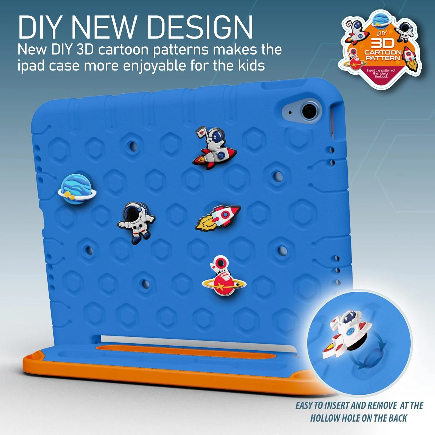 کاور محافظ کودکانه EVA سیلیکونی مقاوم Moxedo، طرح کارتونی سه بعدی DIY ضد ضربه با جای مداد، استند و دسته سازگار با Apple iPad 2022 (نسل 10) 10.9 اینچ (آبی آسمانی)