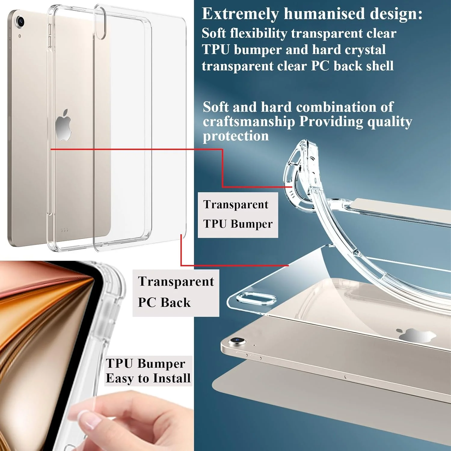 کاور آیپد ایر ۱۳ اینچ M3/M2 (2025/2024) با جای قلم و ضربه گیر TPU نرم، پشت شفاف، کاور باریک و مقاوم در برابر ضربه، حالت خواب/بیدار خودکار، استارلایت