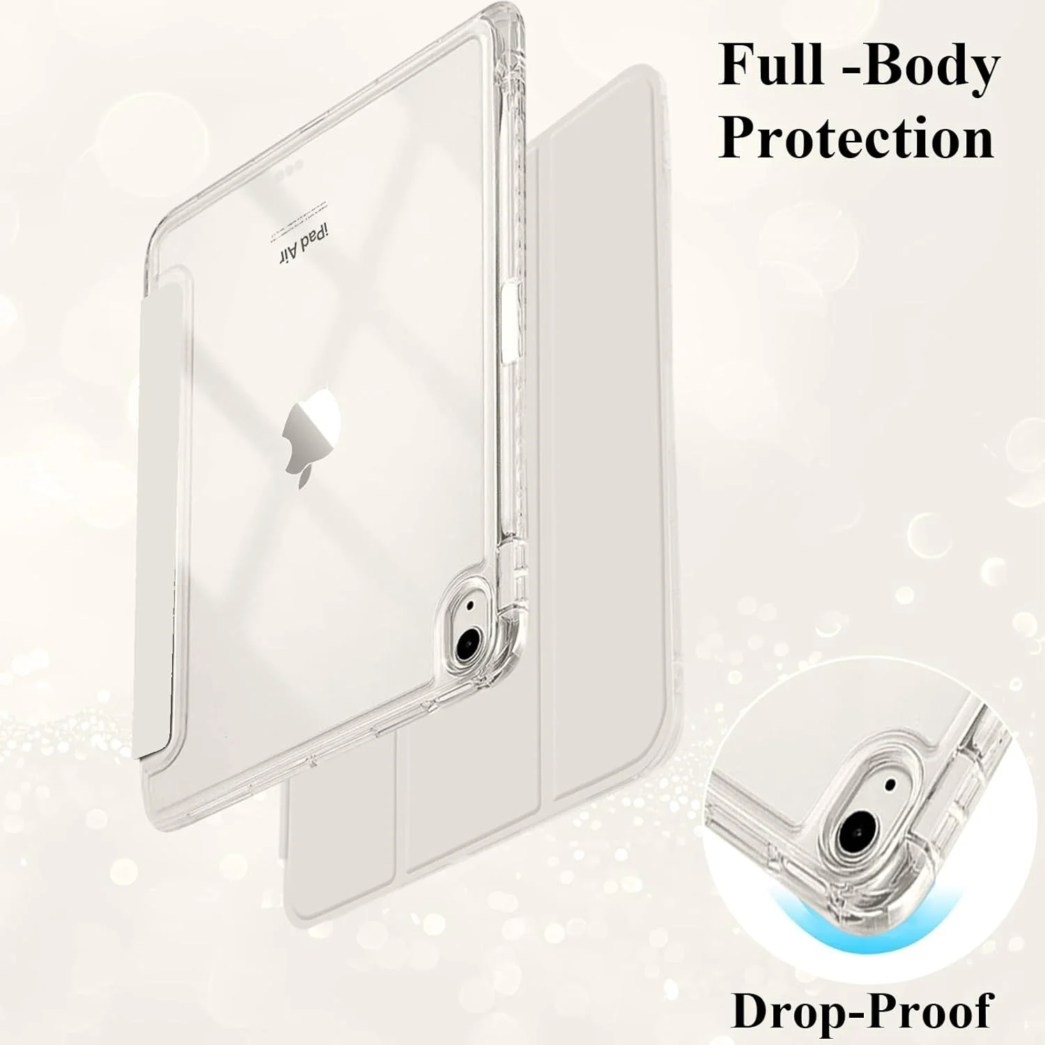کاور آیپد ایر ۱۳ اینچ M3/M2 (2025/2024) با جای قلم و ضربه گیر TPU نرم، پشت شفاف، کاور باریک و مقاوم در برابر ضربه، حالت خواب/بیدار خودکار، استارلایت