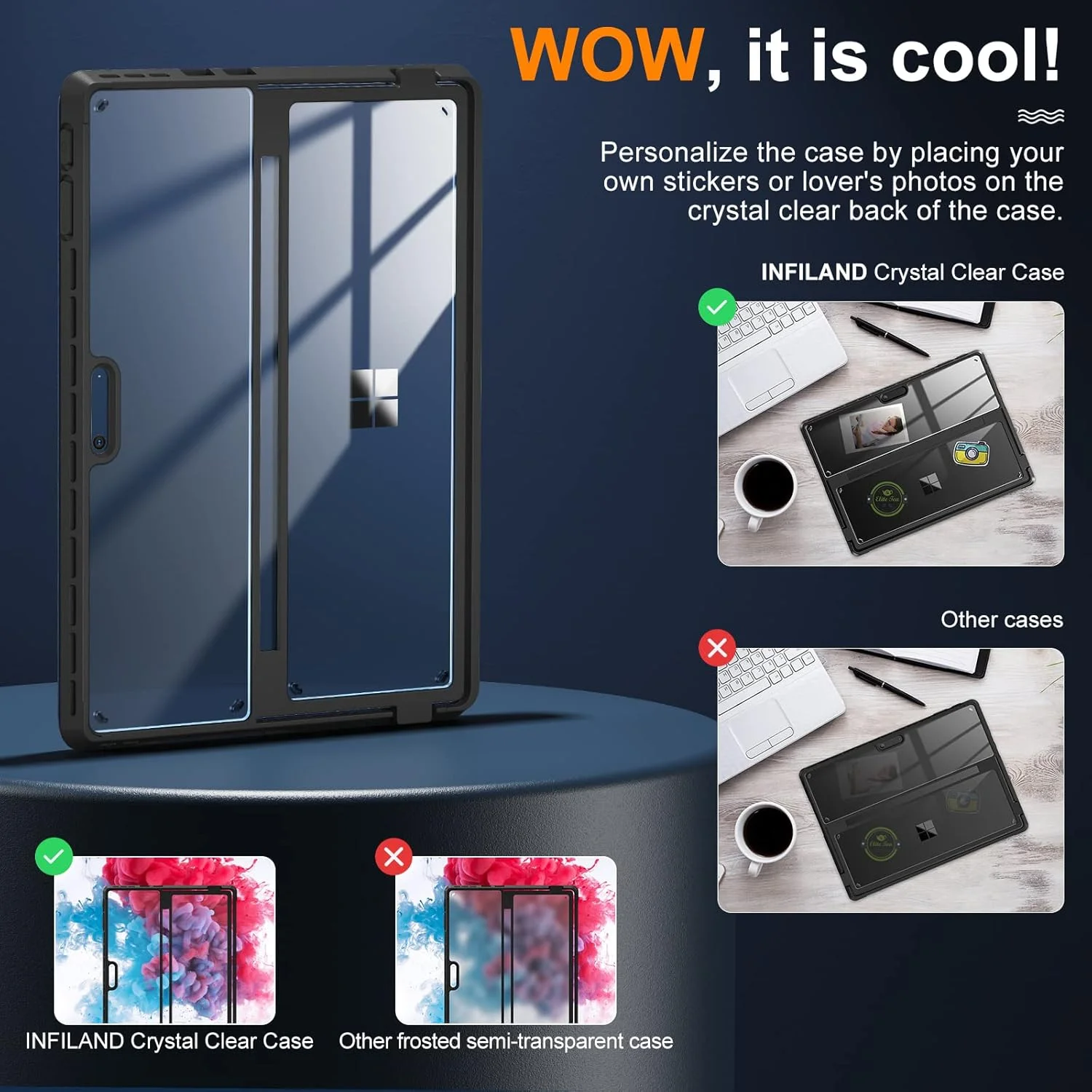 کاور محافظ شفاف چند زاویه ای ضد ضربه اینفیلند مناسب برای مایکروسافت Surface Pro 11th Edition AI 2024، سازگار با Surface Pro Signature Keyboard و Slim Pen 2، مشکی اسرارآمیز