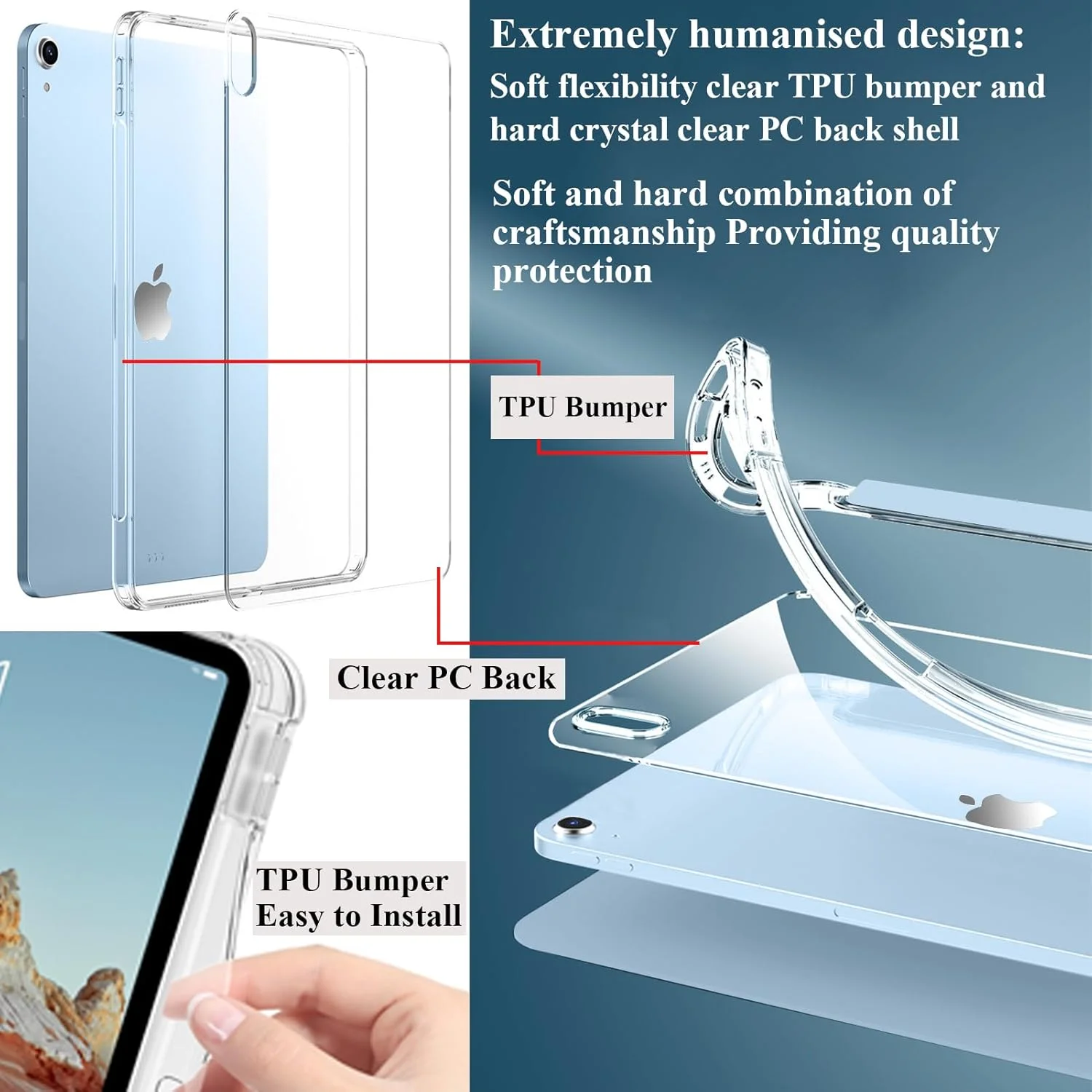 کاور آیپد ایر ۱۱ اینچ M3/M2 (۲۰۲۵/۲۰۲۴)، آیپد ایر ۵/۴ (۲۰۲۲/۲۰۲۰ نسل پنجم/چهارم) با جای قلم و بامپر TPU نرم، پشت شفاف، کاور باریک و ضد ضربه تبلت، آبی آسمانی