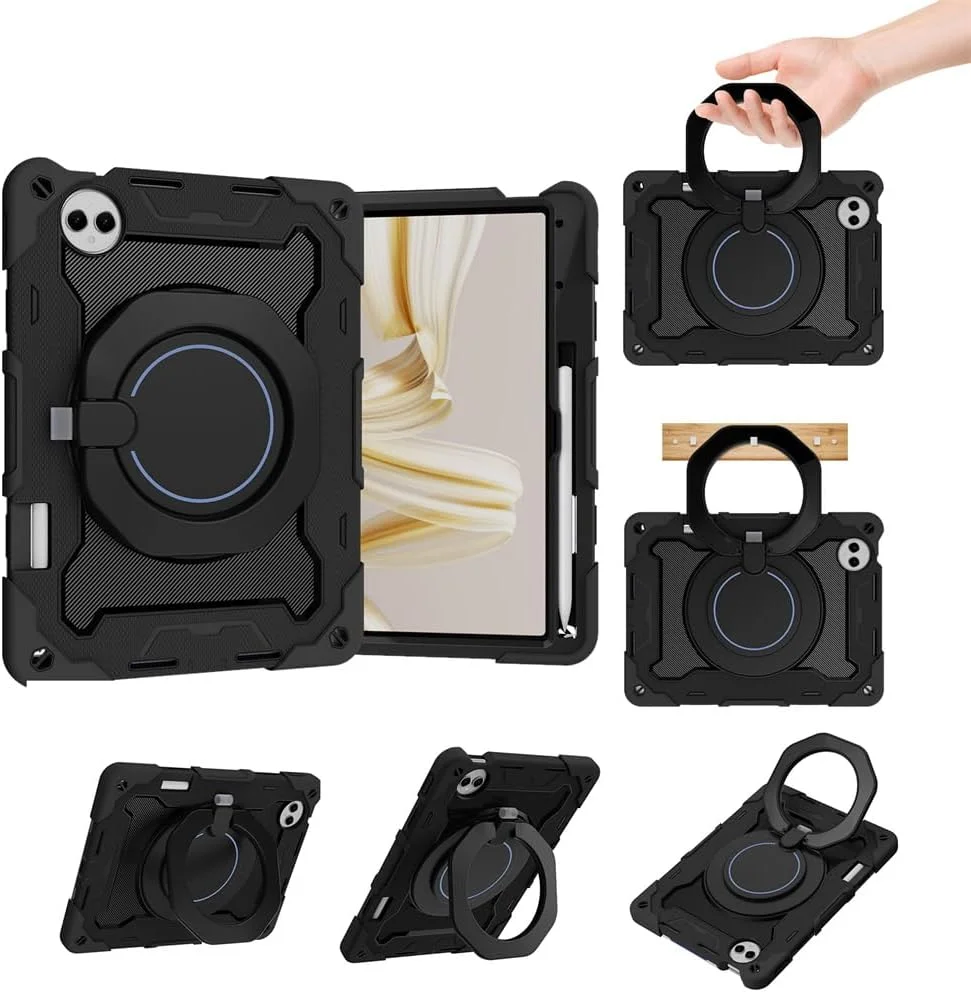 کاور محافظ گرآتری سازگار با هوآوی میت‌پد پرو 12.2 اینچ (2024)، کاور محافظ سه لایه مقاوم در برابر ضربه با قابلیت چرخش 360 درجه به همراه بند شانه (مشکی)