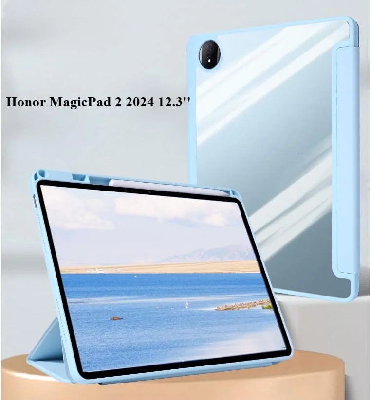 کاور محافظ تبلت آنر مجیک پد 2 (12.3 اینچ) مدل 2024، کاور سه لایه استند دار با جای قلم، چرم مصنوعی PU با پشت شفاف (مشکی)