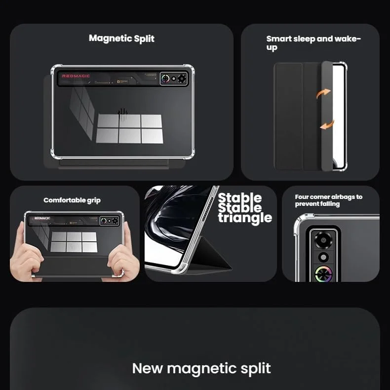 کاور تبلت گیمینگ نوبیا RedMagic 3 Pro 9.06 اینچ (نسخه 2025)، کاور پشتی شفاف چرمی با قابلیت جدا شدن مغناطیسی و استند سه تایی (مشکی)