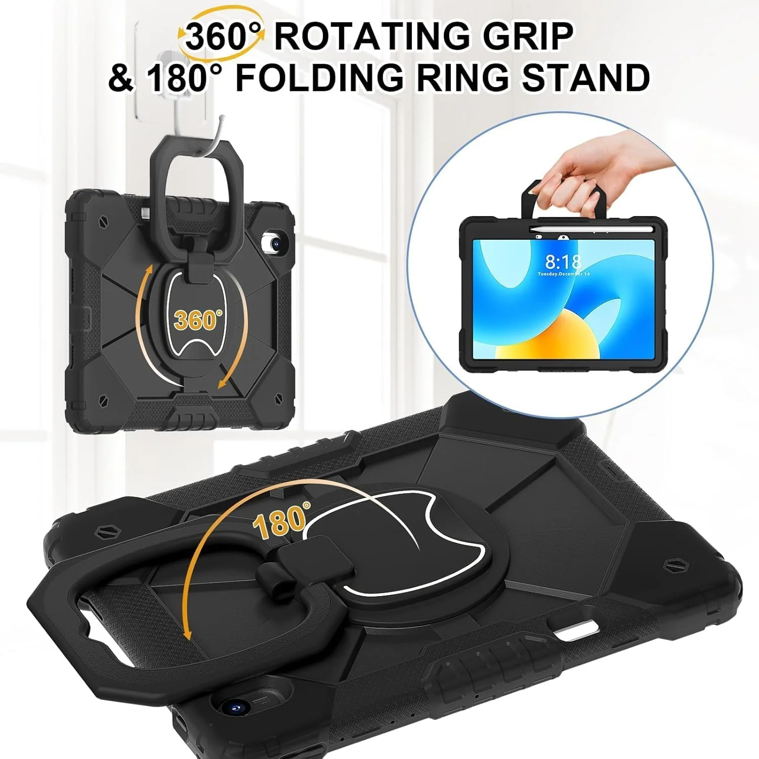 کاور تبلت کودکانه Gruattreay سازگار با هوآوی MatePad 11.5 اینچ (2023)، کاور مقاوم پسرانه دخترانه با جای مداد/پایه نگهدارنده/بند شانه (مشکی)