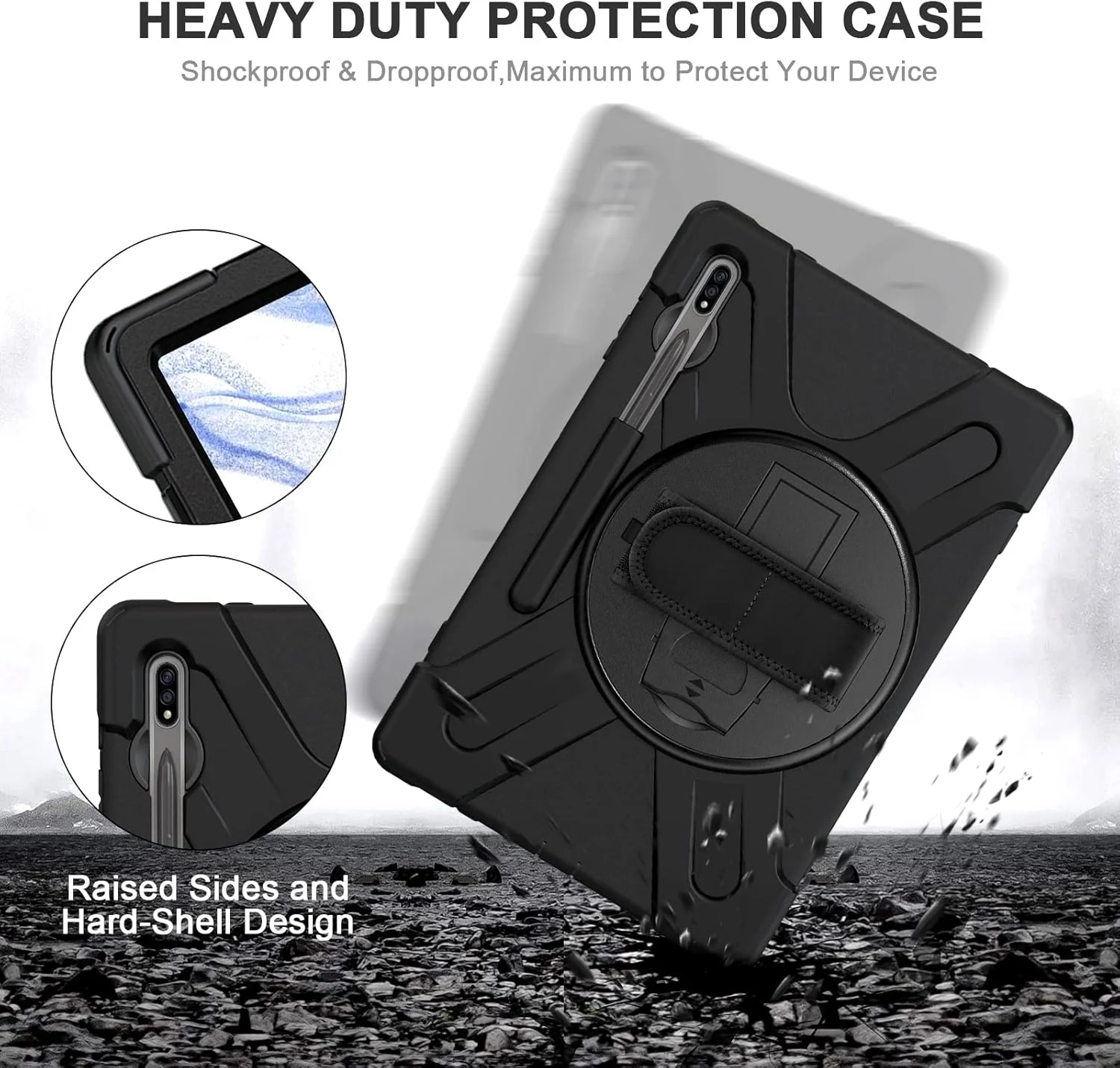 کاور Gerutek برای تبلت سامسونگ گلکسی تب S10+/S9 FE Plus/S7 FE/ S9 Plus/S8 Plus/S7 Plus، کاور مقاوم در برابر ضربه با استند چرخان 360 درجه/بند دستی و بند شانه ای برای تب S10 Plus، مشکی