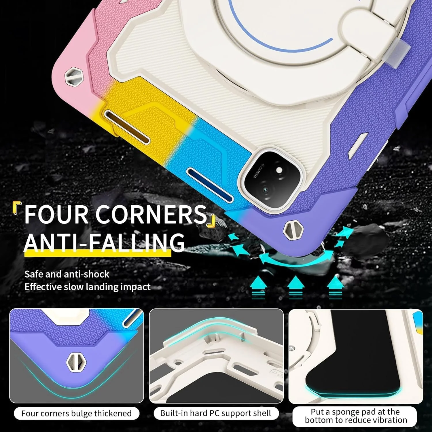 کیف محافظ کودکانه Gruattreay سازگار با Honor MagicPad 2 12.3 اینچی (2024)، پوشش محافظ سه لایه مقاوم در برابر ضربه با دسته حلقه ای چرخان 360 درجه و بند شانه (صورتی رنگارنگ)