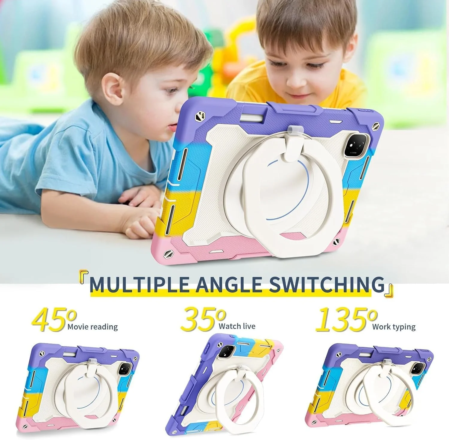 کیف محافظ کودکانه Gruattreay سازگار با Honor MagicPad 2 12.3 اینچی (2024)، پوشش محافظ سه لایه مقاوم در برابر ضربه با دسته حلقه ای چرخان 360 درجه و بند شانه (صورتی رنگارنگ)