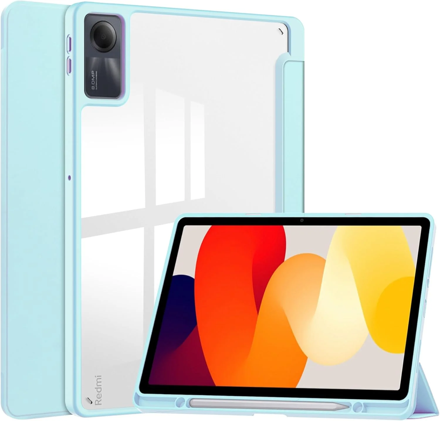 کیف باریک تبلت سازگار با شیائومی ردمی پد SE 11 اینچ 2023 با پشت شفاف و قاب TPU ضد ضربه، پشتیبانی از حالت خواب/بیداری خودکار، محافظت از جای مدادی (آبی آسمانی)