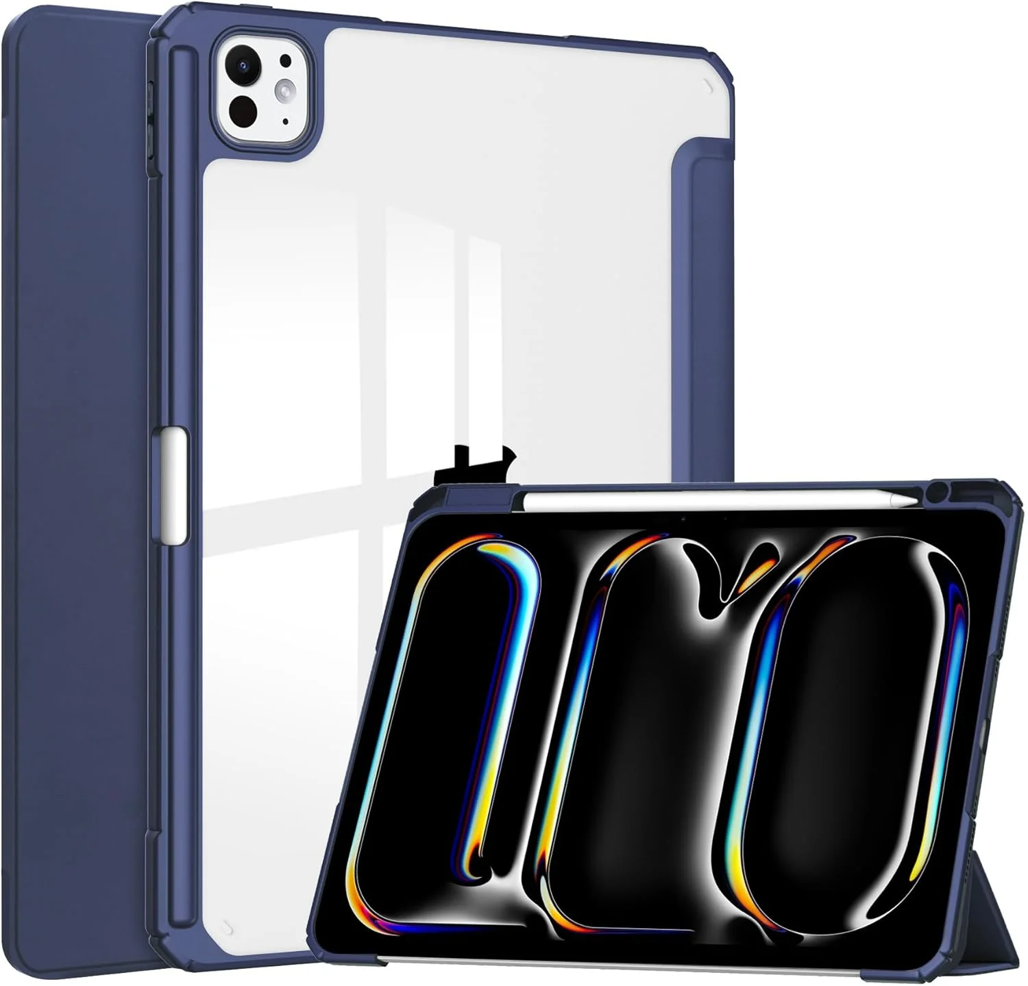 کیف باریک تبلت سازگار با آیپد پرو 11 (2024) با پشت شفاف و قاب ضد ضربه TPU، پشتیبانی از حالت خواب/بیدار خودکار، محافظت از قلم (آبی تیره)
