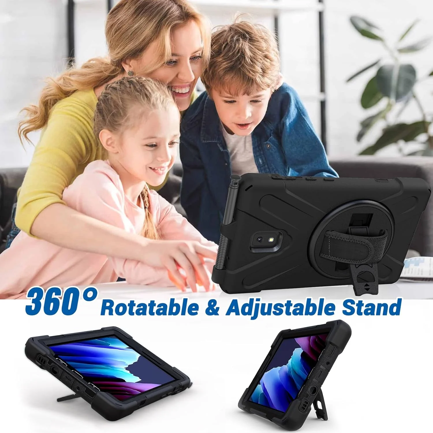 محافظ تبلت سامسونگ گلکسی تب اکتیو 3 8.0 اینچ DreamerX مدل T570/T575/T577، مقاوم در برابر ضربه و سقوط، با پایه چرخان، دسته، بند دستی و بند شانه، مشکی