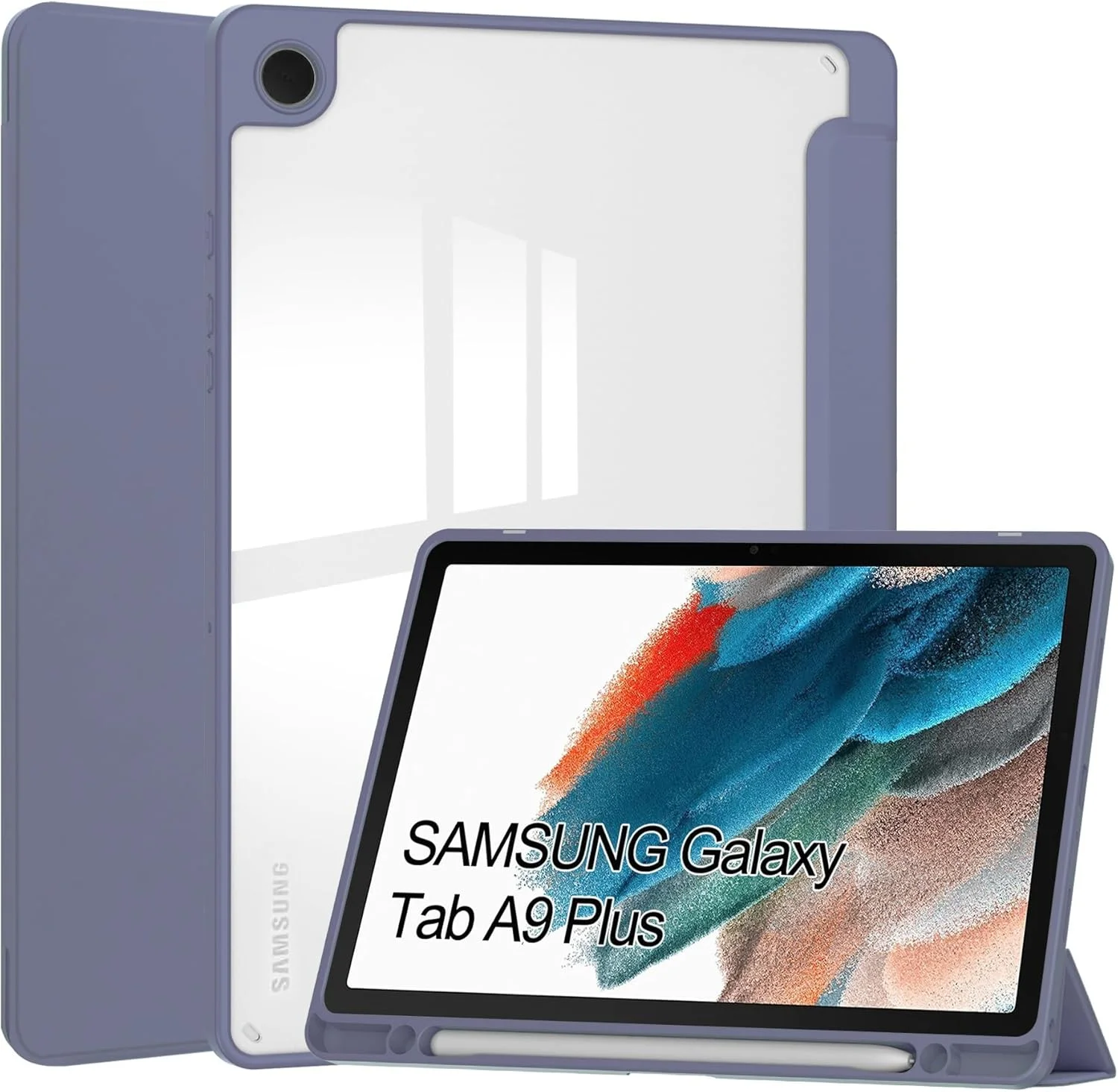 کیف باریک تبلت سازگار با تبلت سامسونگ گلکسی تب A9 پلاس 11 اینچی با پشت شفاف و قاب TPU ضد ضربه، پشتیبانی از حالت خواب/بیدار خودکار، محافظت از نگهدارنده مداد داخلی (بنفش)