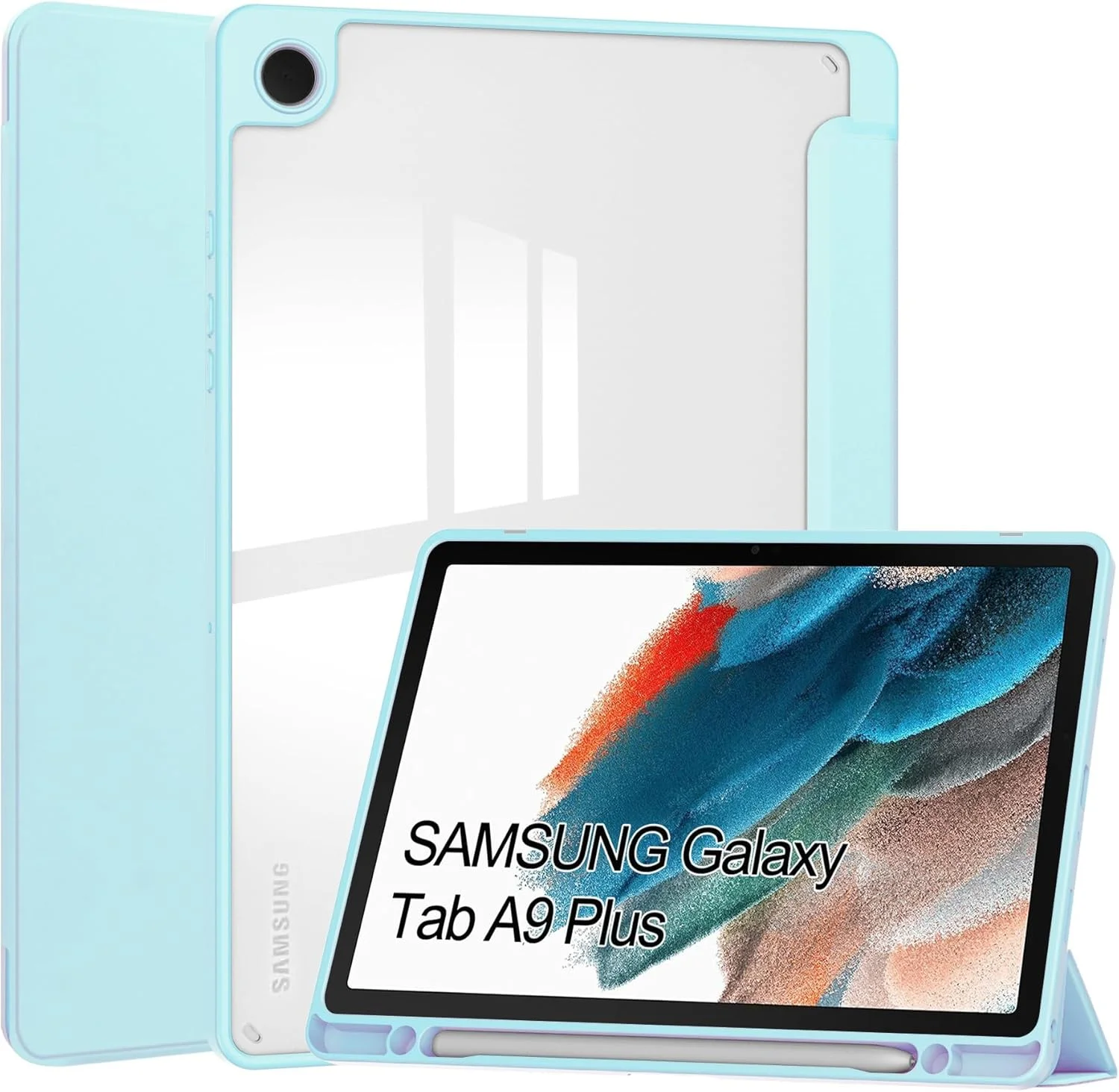 کیف باریک تبلت سازگار با تبلت سامسونگ گلکسی تب A9 پلاس 11 اینچی با پشت شفاف و قاب TPU ضد ضربه، پشتیبانی از حالت خواب/بیدار خودکار، محافظت از نگهدارنده مداد داخلی (آسمانی)