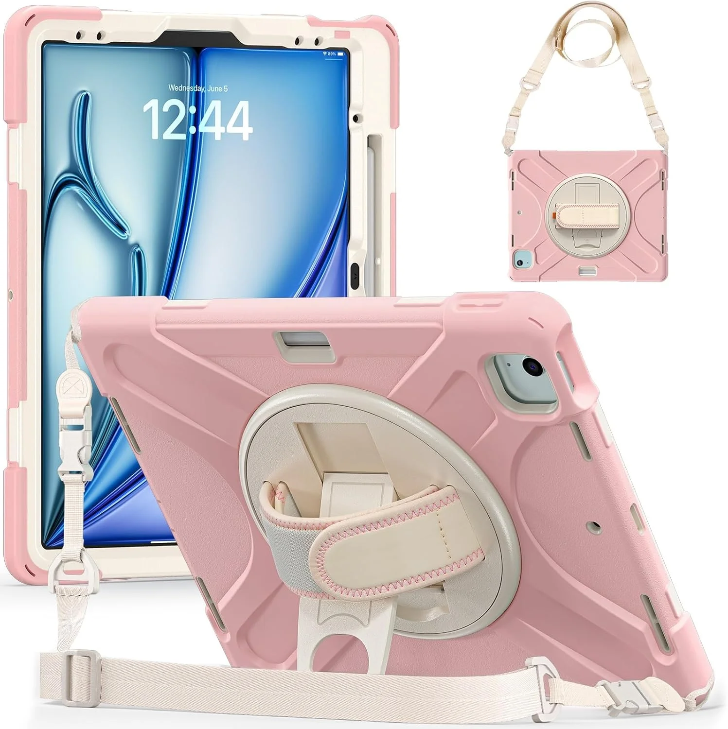 کیف تبلت مناسب برای آیپد ایر ۱۳ اینچ M2 (۲۰۲۴)، کیف مقاوم و بادوام ضد ضربه با نگهدارنده قلم، کیف محافظ با بند شانه ای مناسب برای کودکان، کیف در