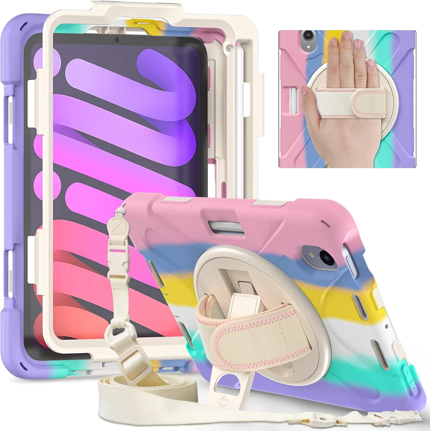 کاور محافظ آیپد مینی 6 مدل 2021 با صفحه نمایش 8.3 اینچی، مقاوم در برابر ضربه، دارای پایه چرخشی و پوشش محافظ، پودر رنگی