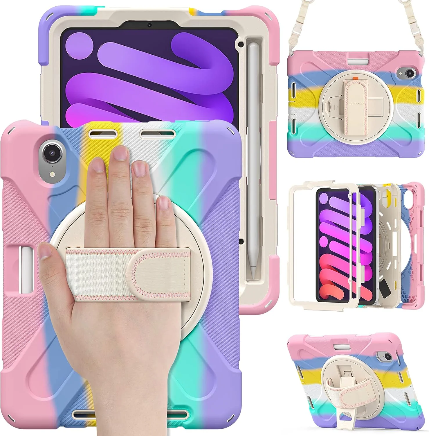 کاور محافظ آیپد مینی 6 مدل 2021 با صفحه نمایش 8.3 اینچی، مقاوم در برابر ضربه، دارای پایه چرخشی و پوشش محافظ، پودر رنگی