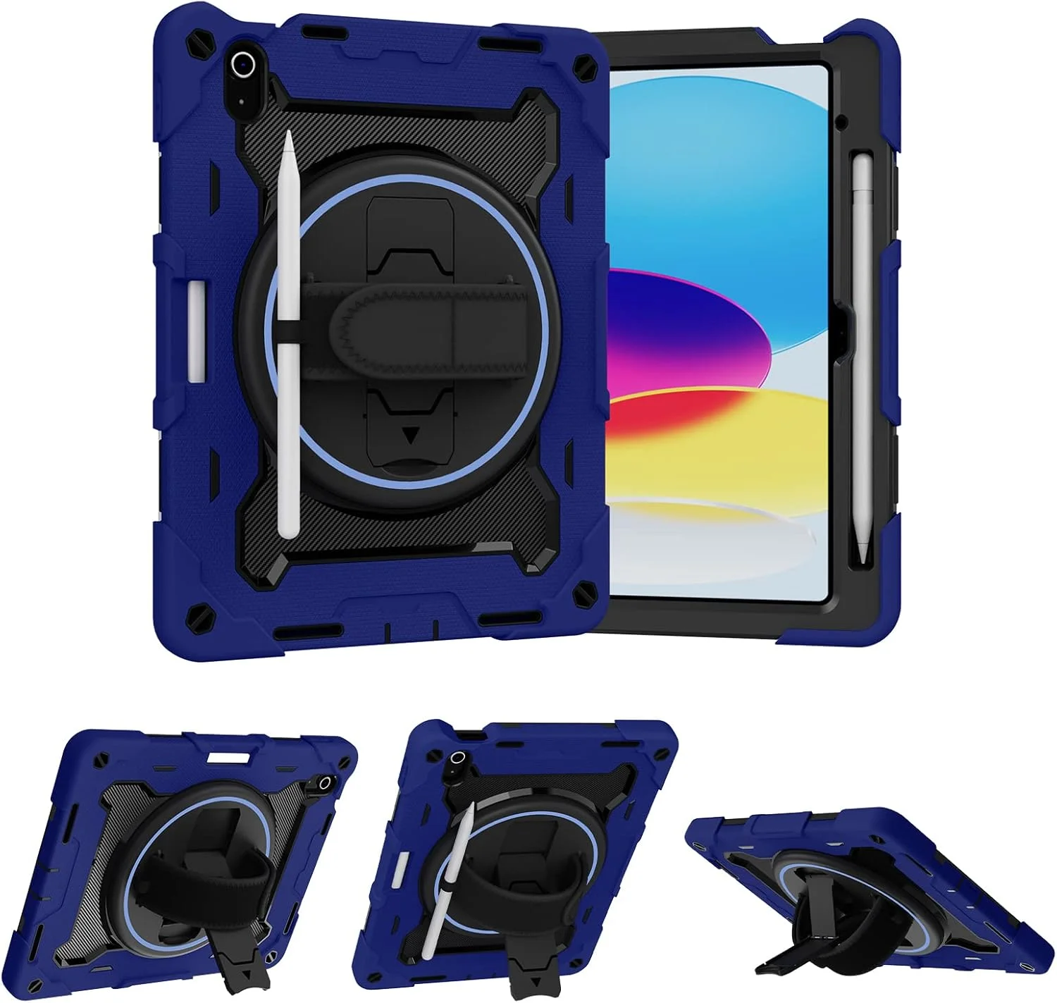 کاور آیپد مدل A16 نسل 11 اینچی 11 اینچ 2025 / آیپد نسل 10 اینچی 10.9 اینچ 2022 با جای قلم و بند دستی، کاور ضد ضربه سیلیکونی + PC، پایه تاشو چرخشی مخفی، آبی تیره