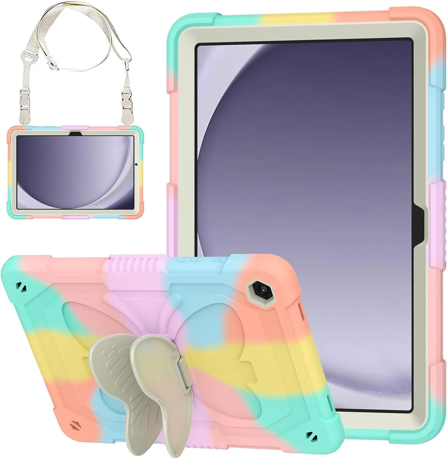 کاور محافظ تبلت سامسونگ گلکسی تب A9 پلاس 11 اینچ 2023 مناسب کودکان و دختران با پایه پروانه ای و بند دستی و شانه ای | کاور محافظ مقاوم برای گلکسی تب A9 پلاس 2023 مدل SM-X210/X216/X218 - رنگین کمانی