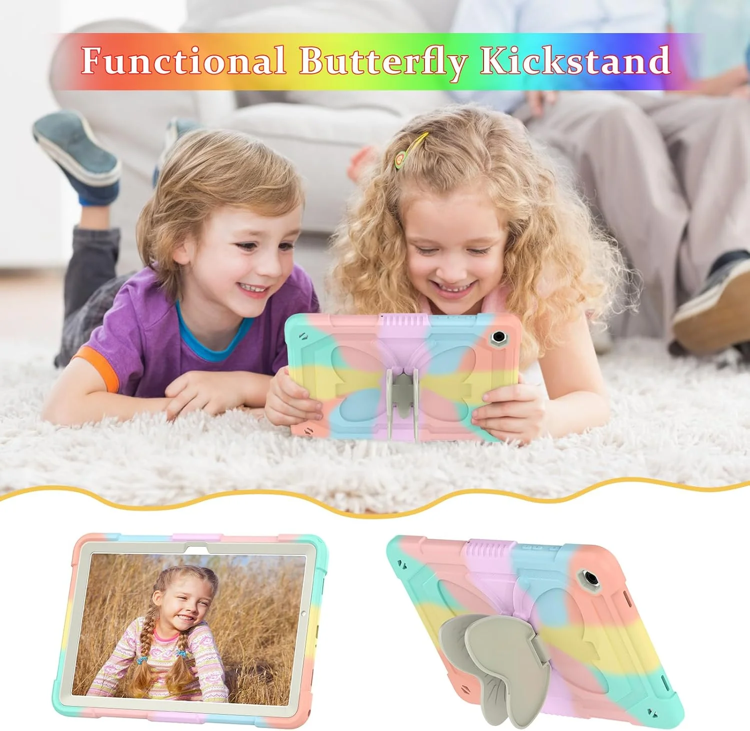 کاور محافظ تبلت سامسونگ گلکسی تب A9 پلاس 11 اینچ 2023 مناسب کودکان و دختران با پایه پروانه ای و بند دستی و شانه ای | کاور محافظ مقاوم برای گلکسی تب A9 پلاس 2023 مدل SM-X210/X216/X218 - رنگین کمانی