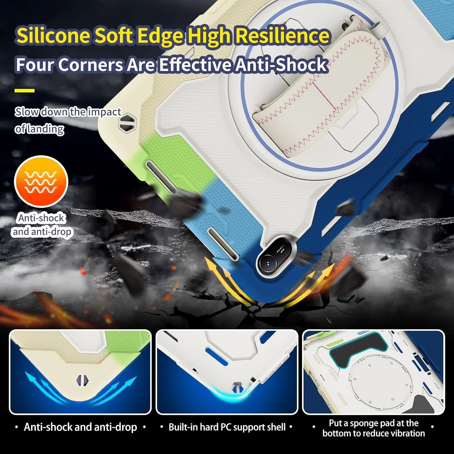 کیف محافظ تبلت هواوی Matepad SE 11 اینچ 2024 با بند شانه ای مناسب کودکان، سیلیکونی + PC ضد ضربه، پایه تاشو چرخشی مخفی، آبی ترکیبی